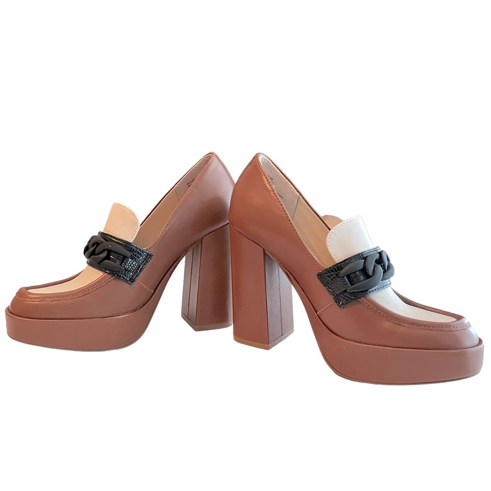 𝅺Steve Madden Platforms Oxford Chain Loafers Rhylee Cognac Cream Leather